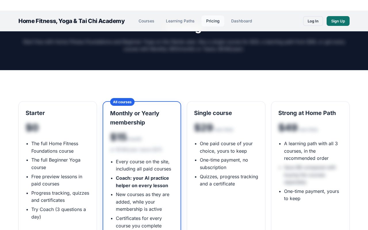 Pricing page with memberships
